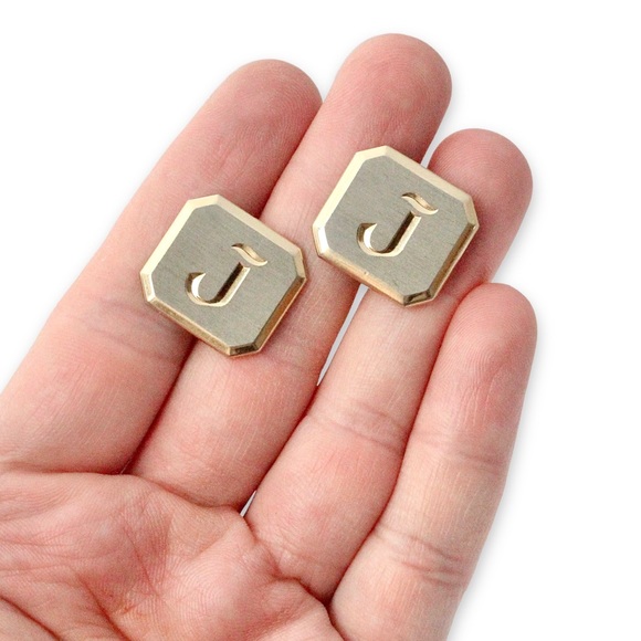 Vintage Swank Letter J Cufflinks Mixed Metal Gold & Silver Tone Large Cuff Links - Picture 2 of 4